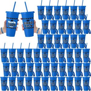 Skylety 50 Set / 100 Pcs 2025 Graduation Gifts Set Bulk Plastic 24oz Graduation Cups with Lid Straw and Class of 2025 Bracelet for Congrats Grad Events(Blue)