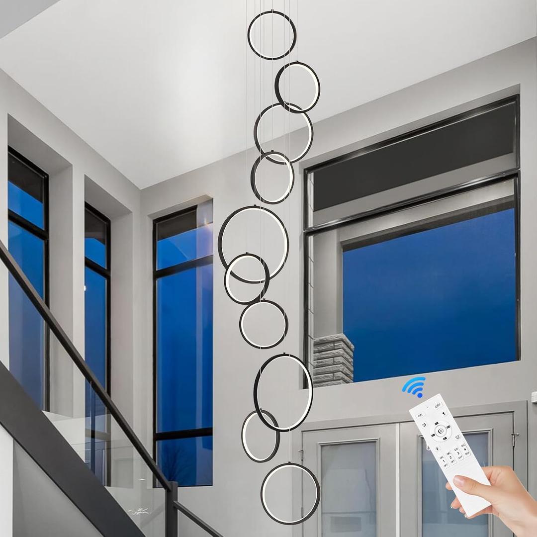High Ceiling Chandelier 10 Ring Black Foyer Chandeliers Entryway Long Modern LED High Ceiling Light Staircase with Remote Control for Living Dining Room (98.5in 3000K-6500K)