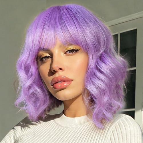 Purple Wig with Bangs Short Purple Bob Wigs for Women 14 Inch Lavender Purple Wavy Curly Wigs Short Bob Synthetic Wigs Shoulder Length Colorful Cosplay Wig for Girl Halloween Party Costume Daily