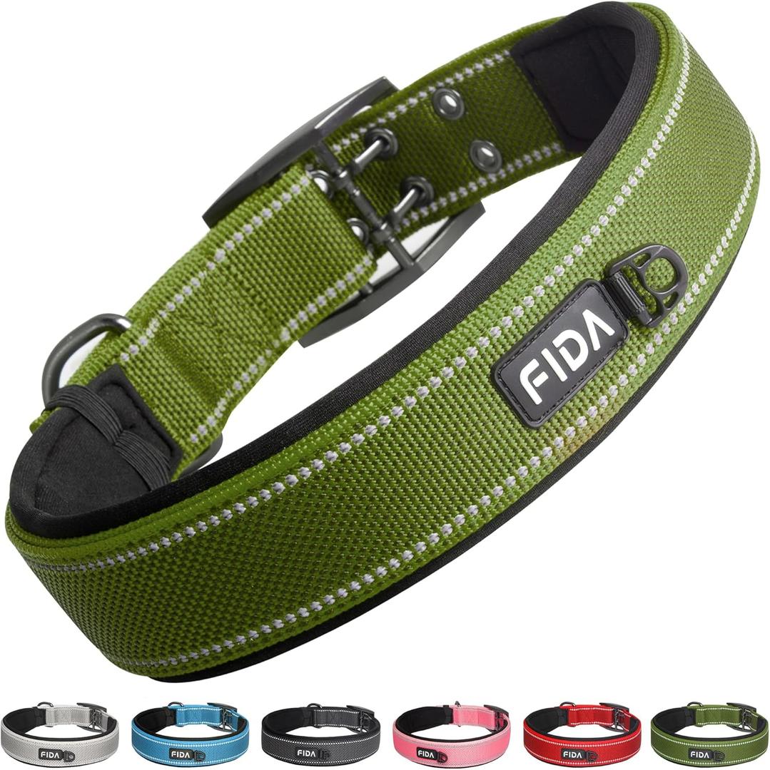 Fida Heavy DutyDog Collar for X-Large Dogs, Ultra Comfortable Soft Neoprene Padded, Adjustable Reflective Nylon Pet Collar with Durable Metal Belt Buckle for Extra Large Breeds(XL, Green)