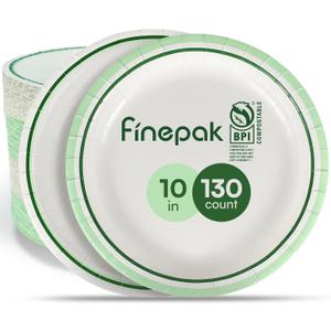 Disposable Paper Plates 10 Inch, 130PCS Paper Plates Bulk with Green Rims, Heavy Duty Paper Plates for Everyday Use, Picnic, BBQ, Microwave, Breakfast, Lunch & Dinner