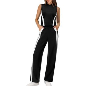 XIEERDUO Two Piece Sets for Women Summer Outfits Travel Mock Neck Lounge Sets Wide Leg Pants Beach Vacation Clothes (Black, L)