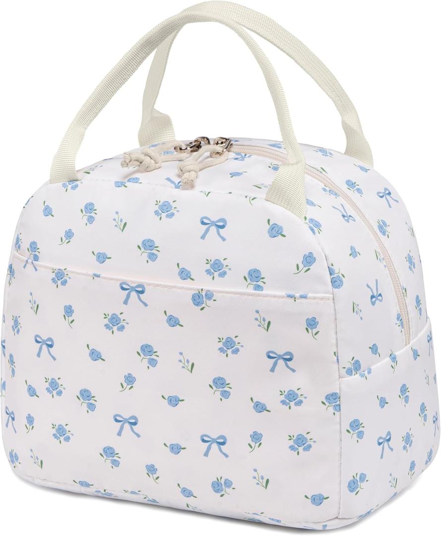 Bluboon Lunch Box for Women Cute Lunch Bag Reusable Insulated Lunch Bags Large Capacity Lunchbox Cooler for Work Picnic or Travel (Blue bow flowe-212)