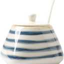 CHOOLD Vintage Hand-Painted Ceramic Spice Jar with Lid Spoon Seasoning Box Condiment Pots Spice Racks for Kitchen Restaurant Housewarming Gift (Stripes)