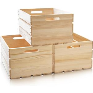 3 Pack Large Wooden Crates with Handles, Natural Solid Pine Wood Crates for Storage, Decor, Wooden Milk Crate for Farmhouse, Vinyl Record Storage Crate