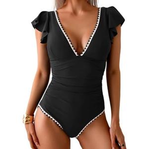 Aidonger Women's One Piece Ruffle Swimsuit Tummy Control Bathing Suit V Neck Shell Stitched Swim Suit Slimming Swimwear. Size 2XL