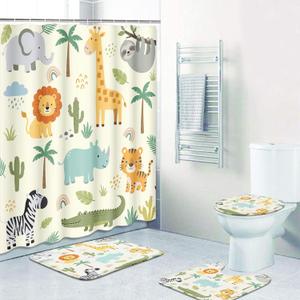 Britimes 4 Piece Shower Curtain Sets, Safari Kids Animals Cute with Non-Slip Rugs, Toilet Lid Cover and Bath Mat, for Bathroom Decor Set, 72" x 72"