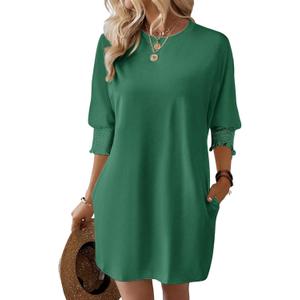 Dokotoo Womens Dresses 2025 Spring 3/4 Sleeve Fashion Dresses Crewneck Casual Mini Dress with Pockets S-XL (Green, M)