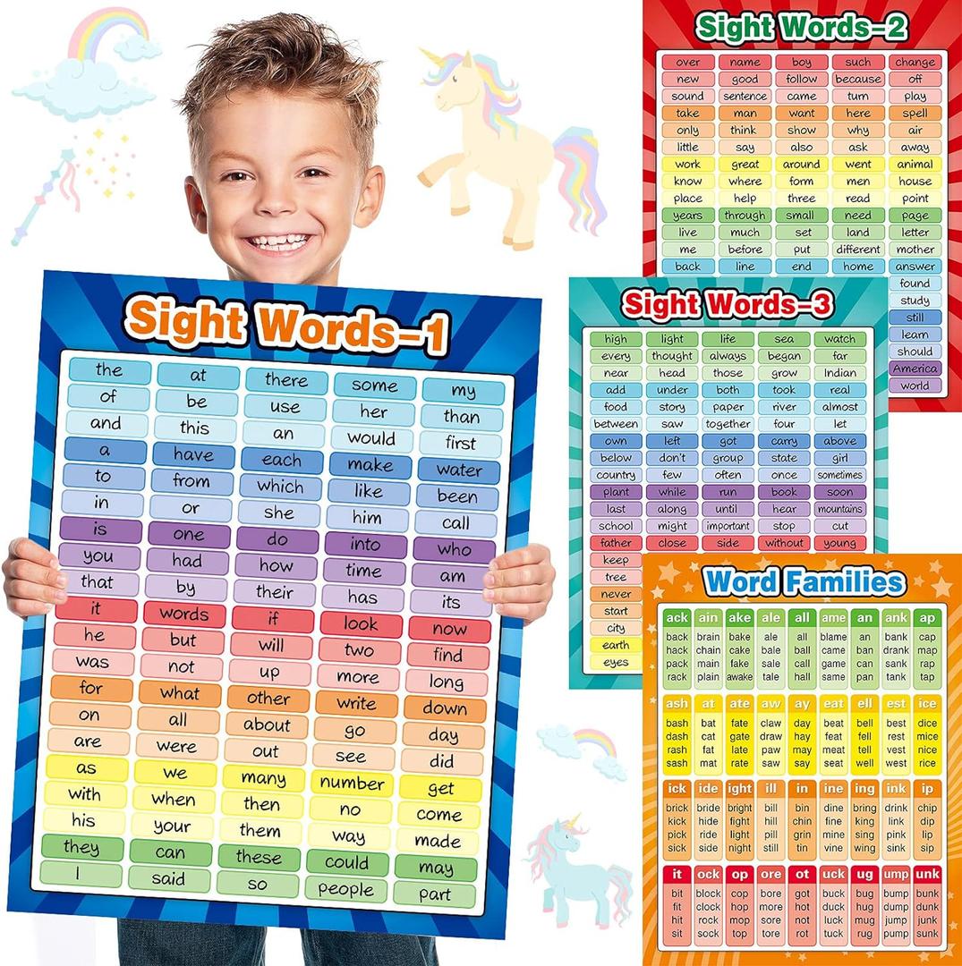 Yisong 4 Sheets Sight Words Poster Extra Large Educational Word Families Chart Posters Classroom Learning Decoration for Preschool, Classroom, Homeschool, Playroom