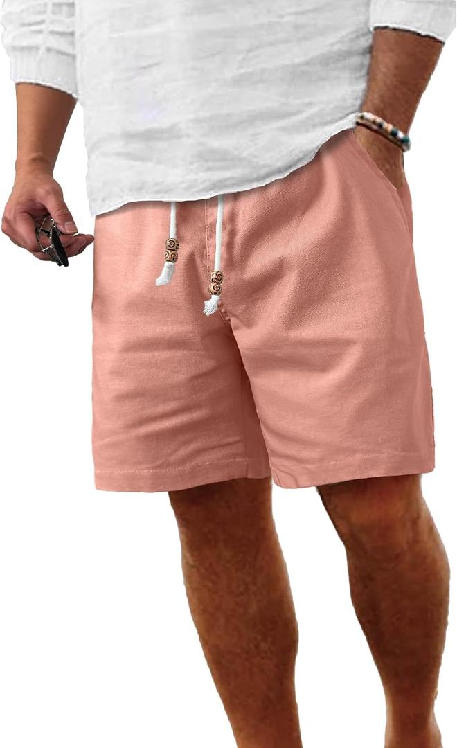 Comdecevis Men's Linen Shorts Casual Elastic Waist Drawstring Summer Beach Vacation Yoga Golf Shorts with Pockets (Pink, M)