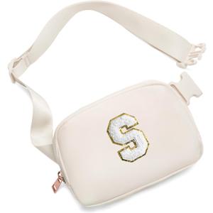 Gitus Birthday Gifts for 8 9 10 11 12 13 Year Old Girls Personalized Fanny Pack Crossbody Bags with Initial Letter Patch Belt Bag for Teen Girls Cute Trendy Stuff Travel Essentials (Ivory-S)