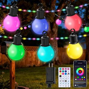 Smart Outdoor String Lights 65.6Ft, RGB IC Color Changing LED Patio Light IP67 Waterproof with 26 G40 Bulbs, Remote, App Control, Timer, Music Sync 5V Outdoor Hanging Lights for Garden Party Christmas