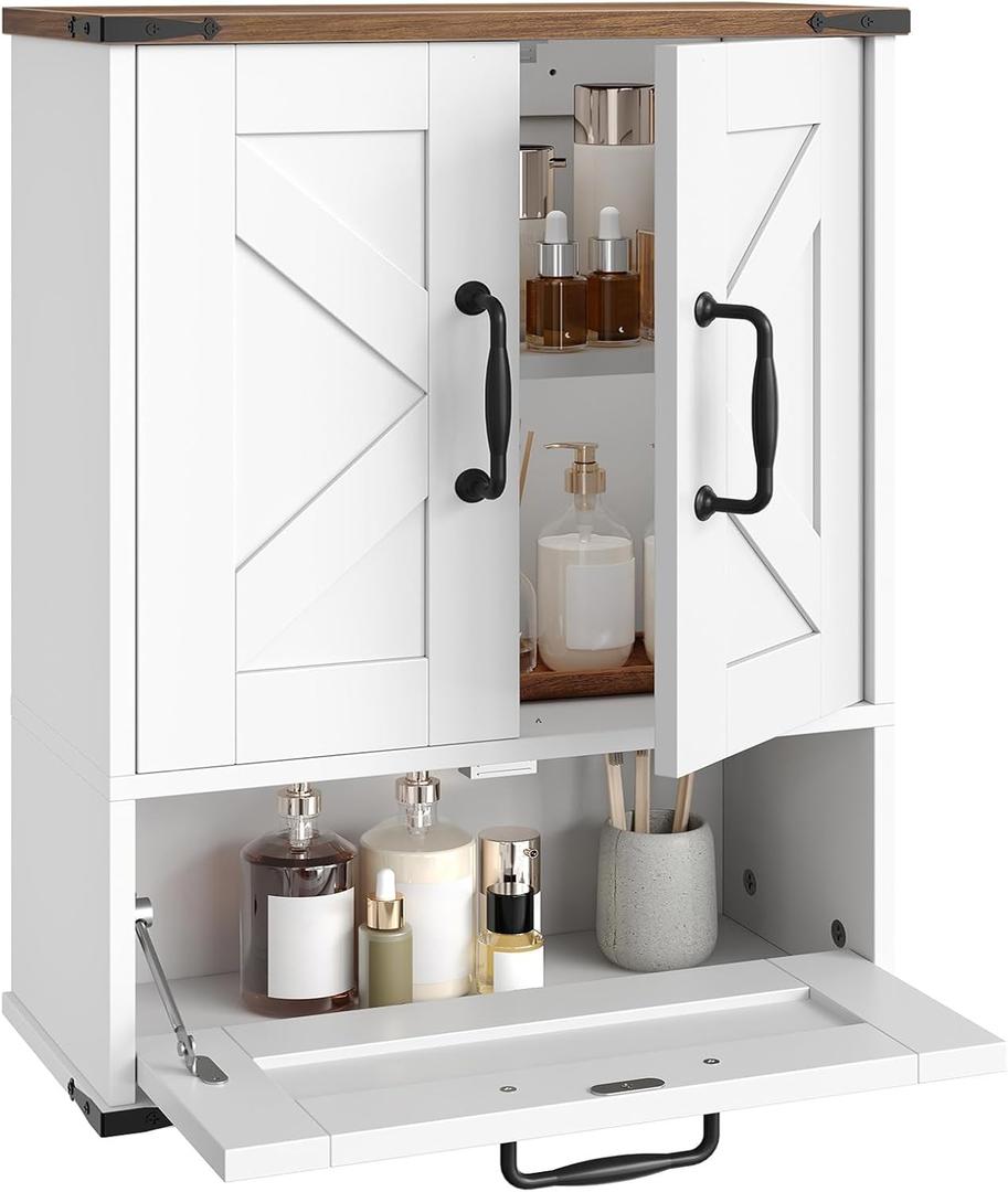 HOOBRO Farmhouse Wall Mounted Cabinet with Adjustable Shelf, Medicine Cabinet with Flip-Down Door, Over The Toilet Bathroom Organizer, for Small Bathroom, Kitchen, White and Walnut, 7.1"D x 15.7"W x 21.5"H