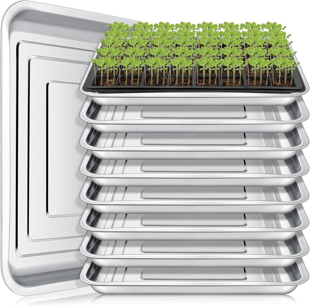 FillTouch 10 Pcs Stainless Steel Seed Starter Tray, Stainless Metal Garden Trays, Nursery Seedling Pots for Collection Transplantation & Propagation Flats, No Drain Holes(15.8 x 11.8 x 1.4 Inch)