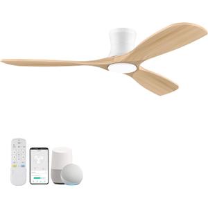 Smart 52 Wood Flush Mount Ceiling Fans with Lights and Remote,Quiet DC Motor,Outdoor Indoor Ultra Low Profile Ceiling Fan works with Alexa WIFI APP,Modern White Ceiling Fan for Bedroom Patio