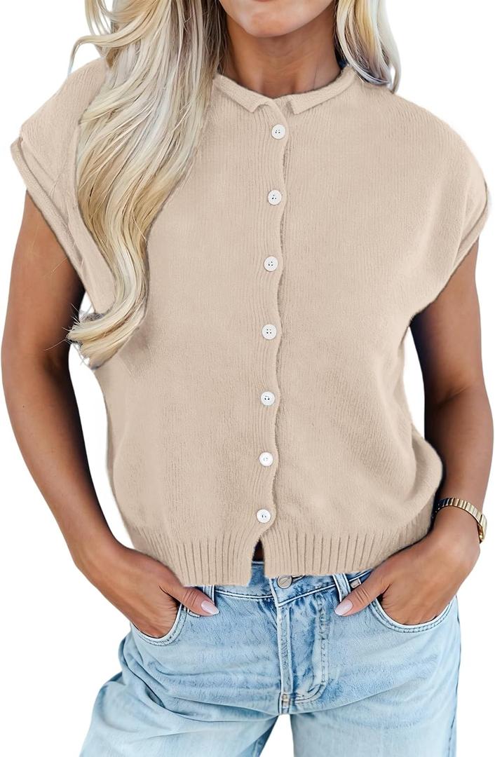 Womens Rolled Cap Sleeve Knit Top Button Front Summer Lightweight Sweater Shirt (Beige, M)
