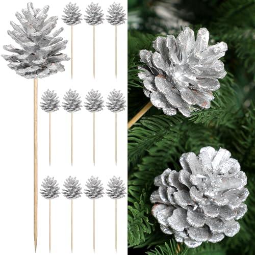 Thiccywoov 12 Pcs Sliver Christmas Glitter Pine Cones Picks for Christmas Tree 3.15 Inches Pinecone with Wired Stem Artificial Xmas Tree Ornaments Decorations for Garland Wreath DIY Craft