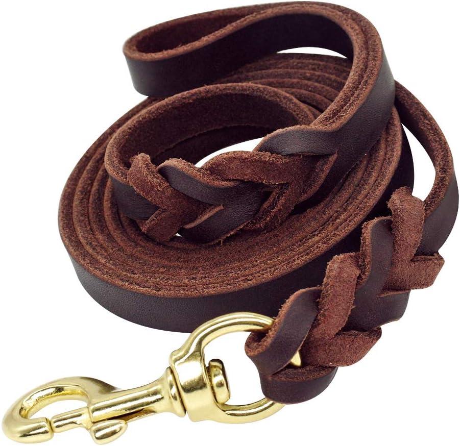 Braided Brown Genuine Leather Dog Leash - Training & Walking Dog Leash - 6.5ft by 1/2 in (210cm 1.2cm) - Latigo Leather Material Made in US