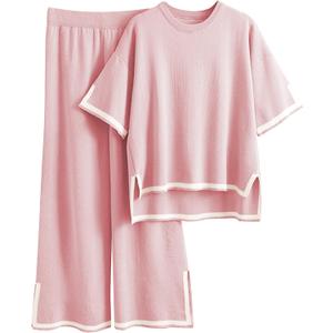 Faleave Womens Knit 2 Piece Sweater Sets Short Sleeve Pullover Tops Elastic Waist Wide Leg Pants Lounge Set(Pink-XS)