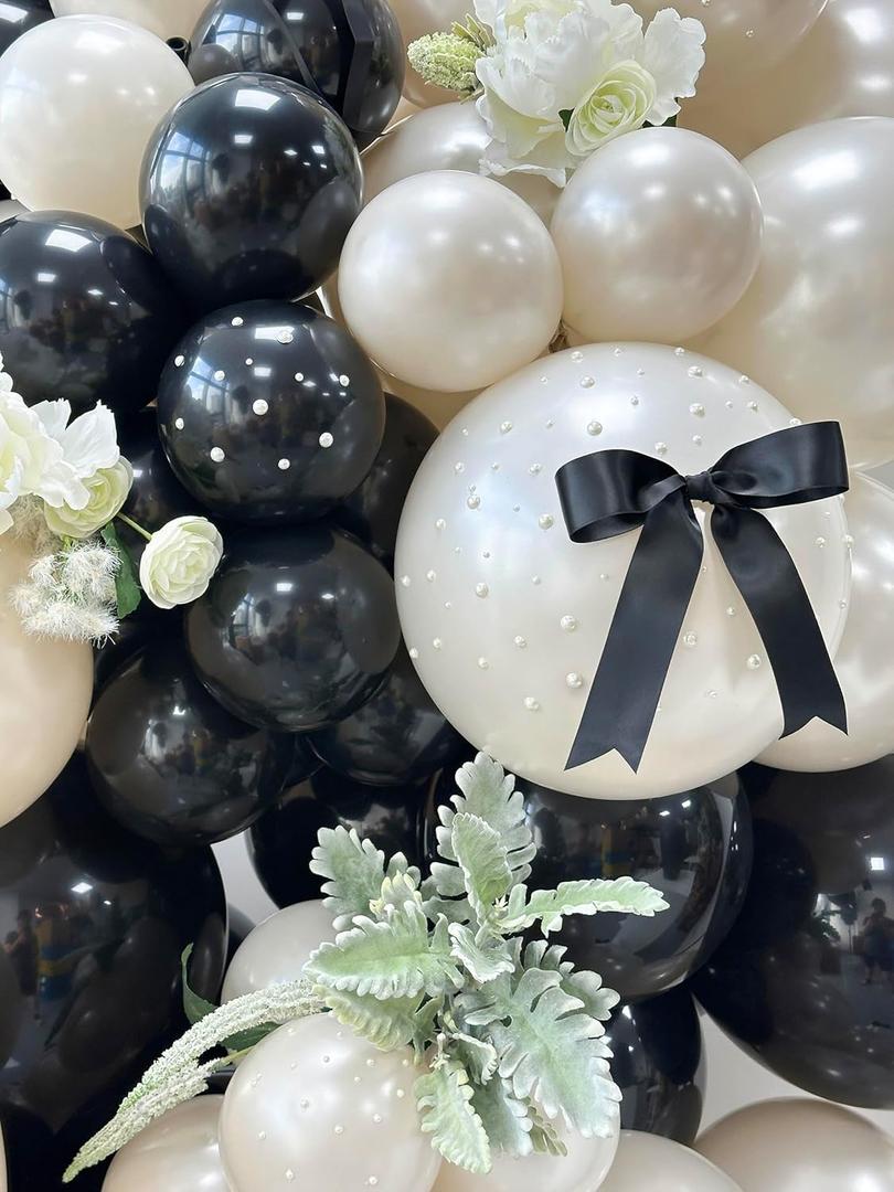 185pcs Black and Double Stuffed Pearl Sand Balloon Arch Kit with Bows & Faux Pearls, Black and White Balloons for Birthday Baby Shower Wedding Bridal Shower Anniversary Party Decorations (Blk Wht)