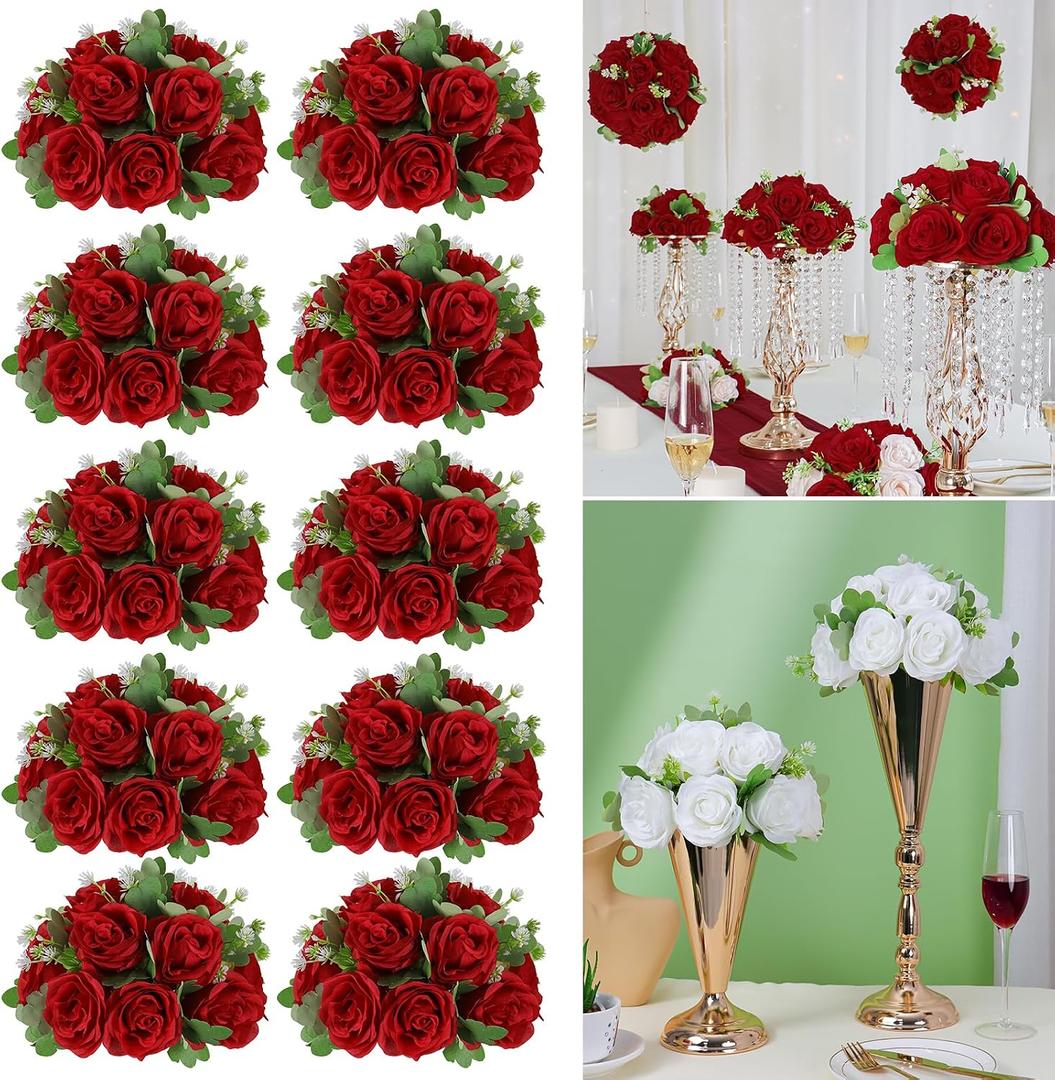 Artificial Flower Ball Wedding Centerpieces -10Pack Red Rose Silk Floral Half Ball - Faux Flower Balls Plastic Base for Event Table Arrangement Party Home Room Dcor (Dia 10.6inch)