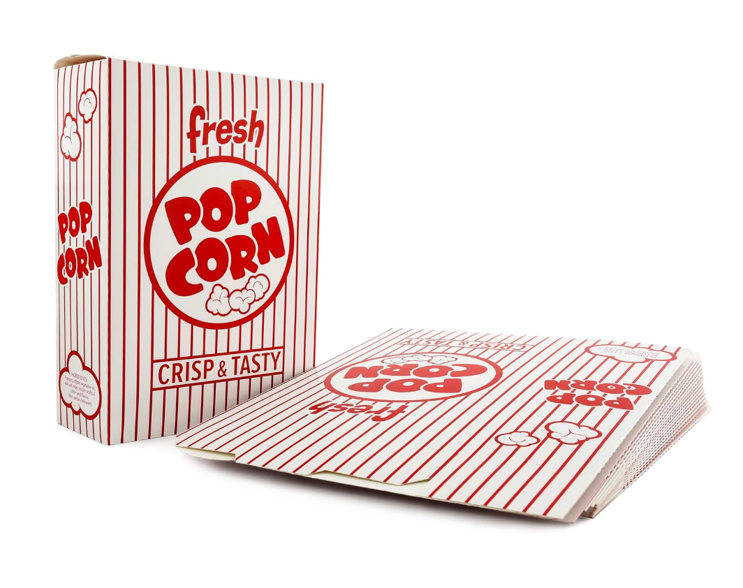 Snappy 4J Red & White Striped Close Top Popcorn Boxes for Movie Night Supplies, Popcorn Containers Bulk, Movie Night Supplies, 2.3 oz. Capacity, 5.75" x 2.5” x 8.5”