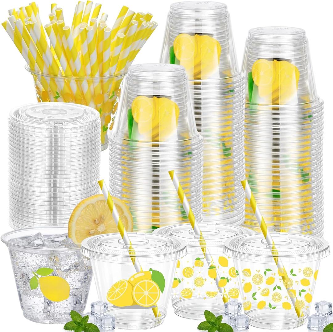 Mumufy 100 Pack Lemon Stand Cups 9oz Disposable Plastic Cups with Lids and Straws Cup Lemon Stand Supplies Yellow Lemons Cold Beverage Drinking Cup for Iced Smoothie Juice Tea