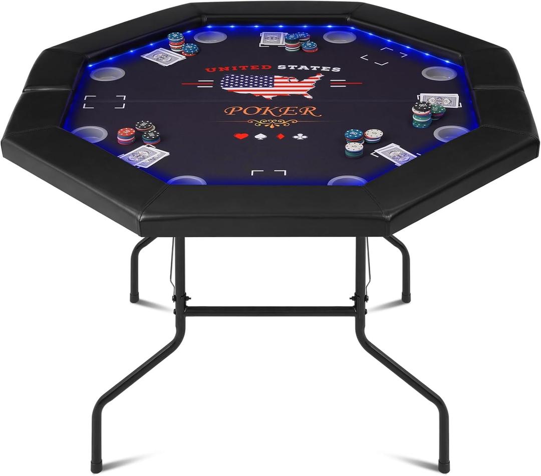 Foldable Poker Table with LED Lights, Octagon Casino Leisure Texas Holdem Table for 8 Player, Folding Blackjack Table w/Built-in LED Light, Padded Rails & Cup Holders for Home Game Room