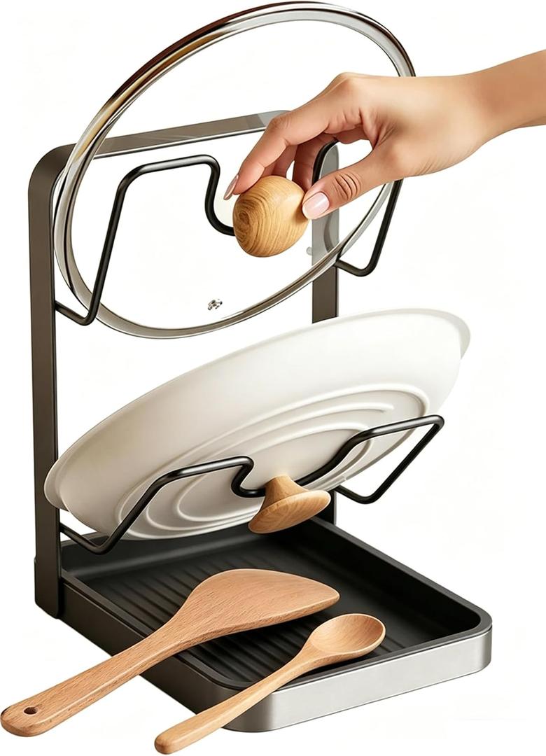 Pot Lid Holder Organizer, Carbon Steel Kitchen Pot Lid Rack with Drip Tray, Pre-Assembled Lid Storage Organizer, Dishwasher Safe Utensil Rest for Countertop Stovetop Cabinet