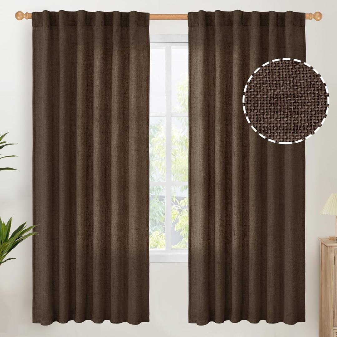 YoungsTex Dark Brown Linen Curtains for Living Room 2 Panels, Chocolate Light Filtering Window Drapes with Rod Pocket Back Tab Textured Semi Sheer for Dining Bedroom, 52 X 72 Inch