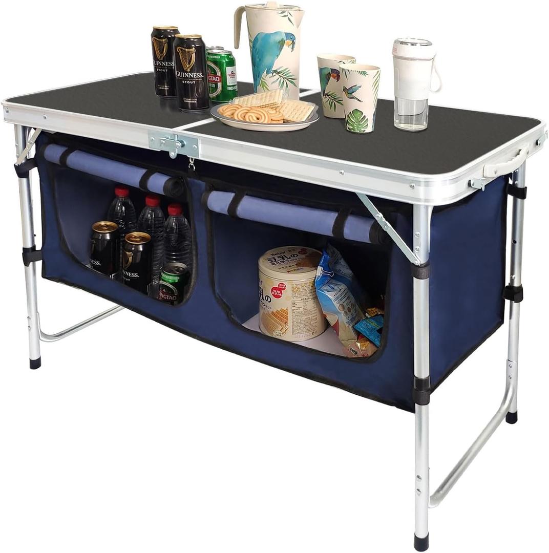 CampLand Outdoor Folding Table Aluminum Lightweight Height Adjustable with Storage Organizer for BBQ, Party, Camping (Black)