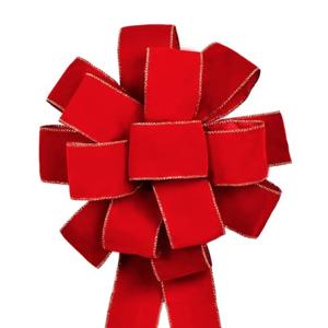 2pcs Red Velvet Ribbon Christmas Bows with Golden Wire, Handmade(26"x 12") Wired Large Ribbons, Thanksgiving/Christmas Tree Topper, Garland/Wreath, Tree Topper Decor