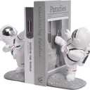 White Book Ends for Kids, Upgraded Astronaut Bookends Resin Spaceman Book Holders for Shelves Sturdy Book Stopper Book Ends to Hold Books Unique Outer Space Book Shelf Ends(F2-Silver Color)