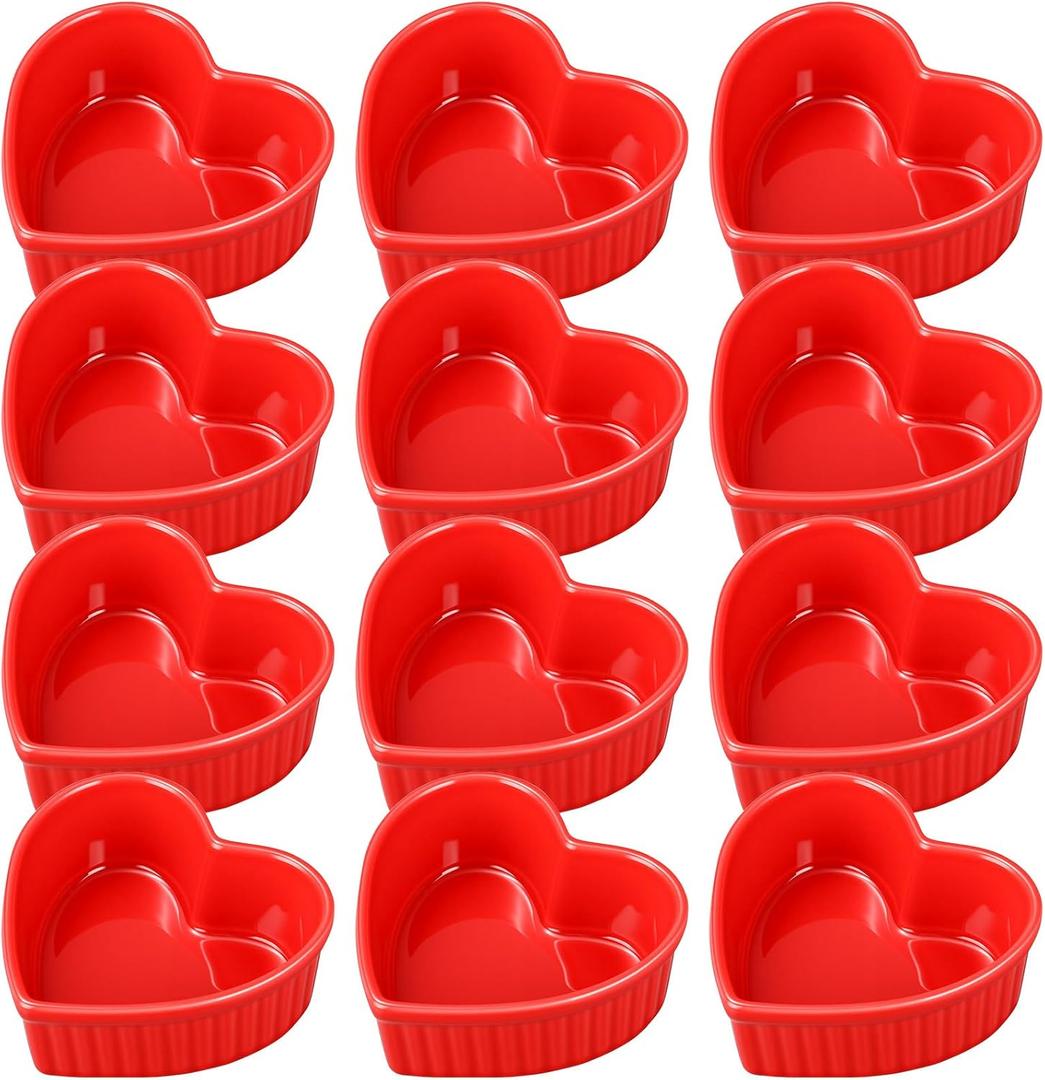 12 Pcs Heart Shaped Ceramic Ramekins Small Dessert Bowls 6 oz Oven Safe Ceramic Dish Dip Bowl Seasoning for Valentine's Day Serving Sauce Snack Baking Brulee Pudding (Red)