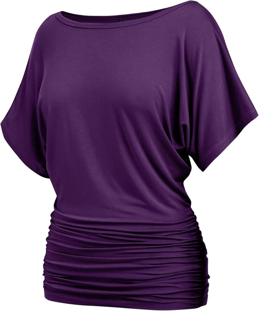 Womens Ruched Tops Casual T Shirts Dolman Short Sleeve Shirts Boat Neck Summer Off Shoulder Batwing Tops 2025 (XX-Large, 06dark Purple)