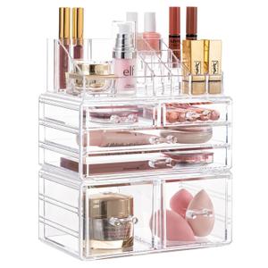 HBlife Acrylic Clear Dustproof Makeup Storage Organizer Drawers Large Skin Care Cosmetic Display Cases for Bathroom Stackable Storage Box with 6 Drawers for Vanity