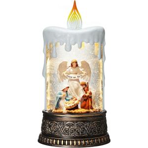 Nativity Snow Globe Candle Christmas Decorations Indoor Auto Snowfall Glitter Music Collection Angel Nativity Scene Peace on Earth with 6H Timer USB/Battery Powered 9.7 inch