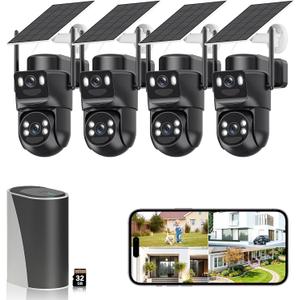 4K Solar Security Cameras Wireless Outdoor with Dual Lens, 4 Cam Kit, No Subscription Fee, Home Security System with Color Night Vision, Auto Tracking, Motion Detection