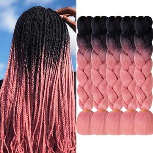Ombre Braiding Hair Synthetic Ash Pink Braiding Hair Extensions Afro Crochet Hair 2 Tones 5pcs (#B6 Black to Pink)