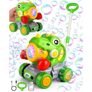Dinosaur Bubble Lawn Mower for Toddlers, Rechargeable Automatic Bubble Blower with Lights, Handheld and Push 2 in1 Bubble Blower for Kid, Perfect for Party Favors and Activities for Girls and Boys