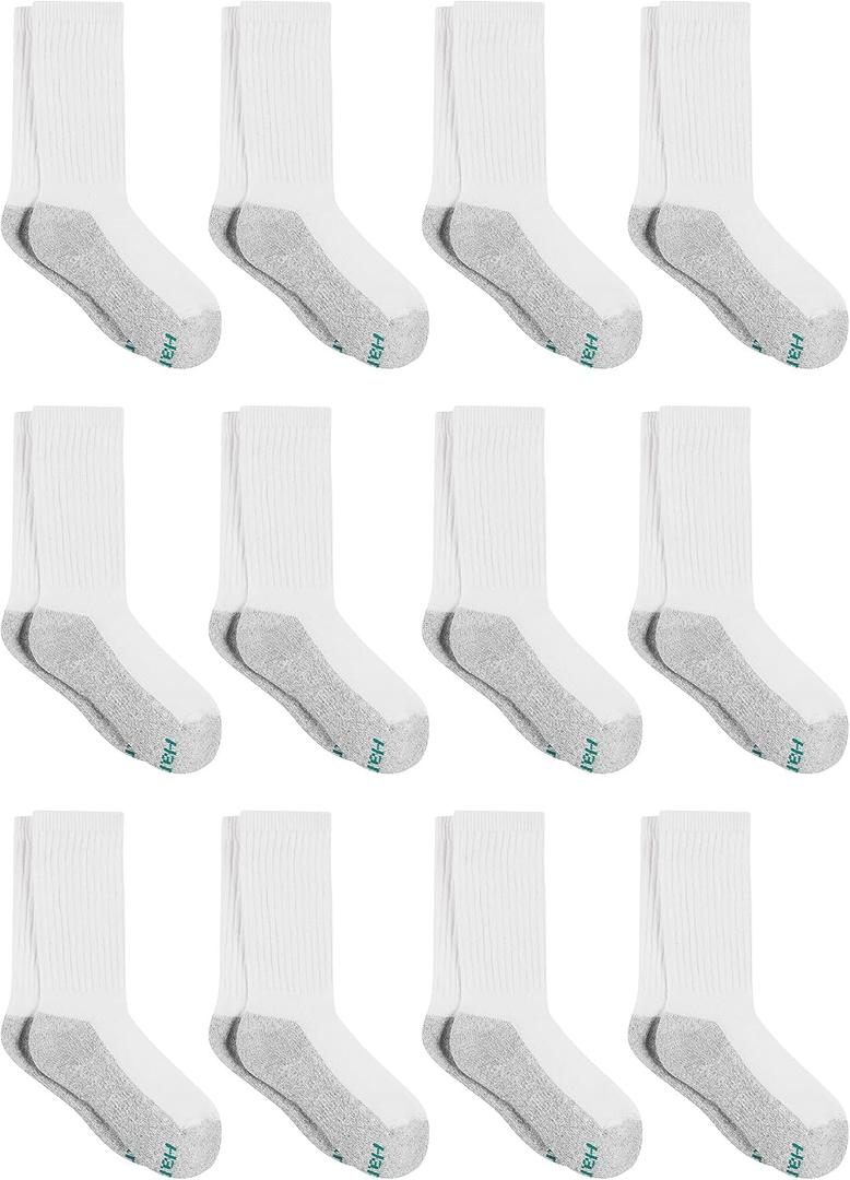 Hanes Boys' Socks, Double Tough Cushioned Crew Socks, 12-pair Packs (Large, White/Grey Bottom)