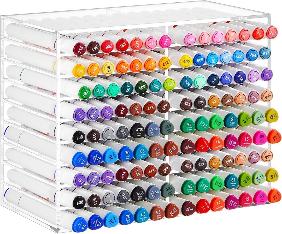 Acrylic Marker Organizer for 126 Marker, Large Art Pencil Holder Storage Rack for Desk, Pens Art Brushes Display Stand with 18 Compartments for Desktop, Office (clear, 126 Capacity)