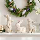 Fovths Easter Bunny Decorations Set of 3, Vintage Resin Bunny Figurines Decor, Rustic Off-White Rabbit Statue, Farmhouse Spring Table Centerpiece for Easter, Mantel, Home Dcor