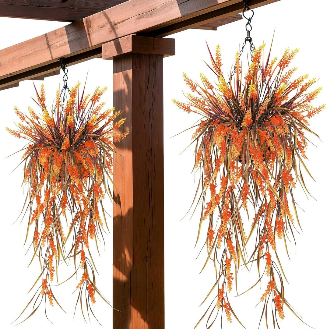 Artificial Hanging Flowers for Outdoors, Realistic UV Resistant Fake 3Pcs Fall Outdoor Flowers with 2Pcs Faux Lavender Hanging Plants for Porch Patio Planter Garden Outside Yard (Orange)