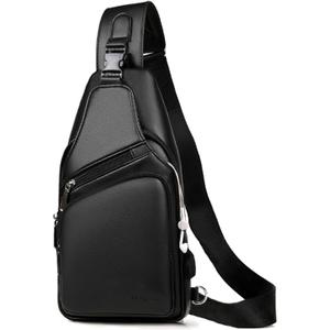 Seoky Rop Men Leather Sling Bag Purse Waterproof Crossbody Chest Bag Sling Backpack with USB Charging Port One Shoulder Bag Black