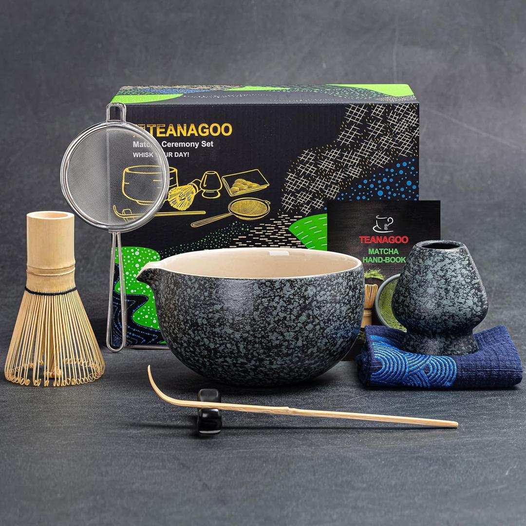 TEANAGOO Matcha Whisk Set Black,7 Pcs Matcha Set,Matcha Kit for Ceremony,Matcha Tea Set for Making Breakfast/Latte,Matcha Whisk Set with Bowl(Chawan)/Whisk and Holder,Gift for Matcha Lover (Charcoal Black 1)