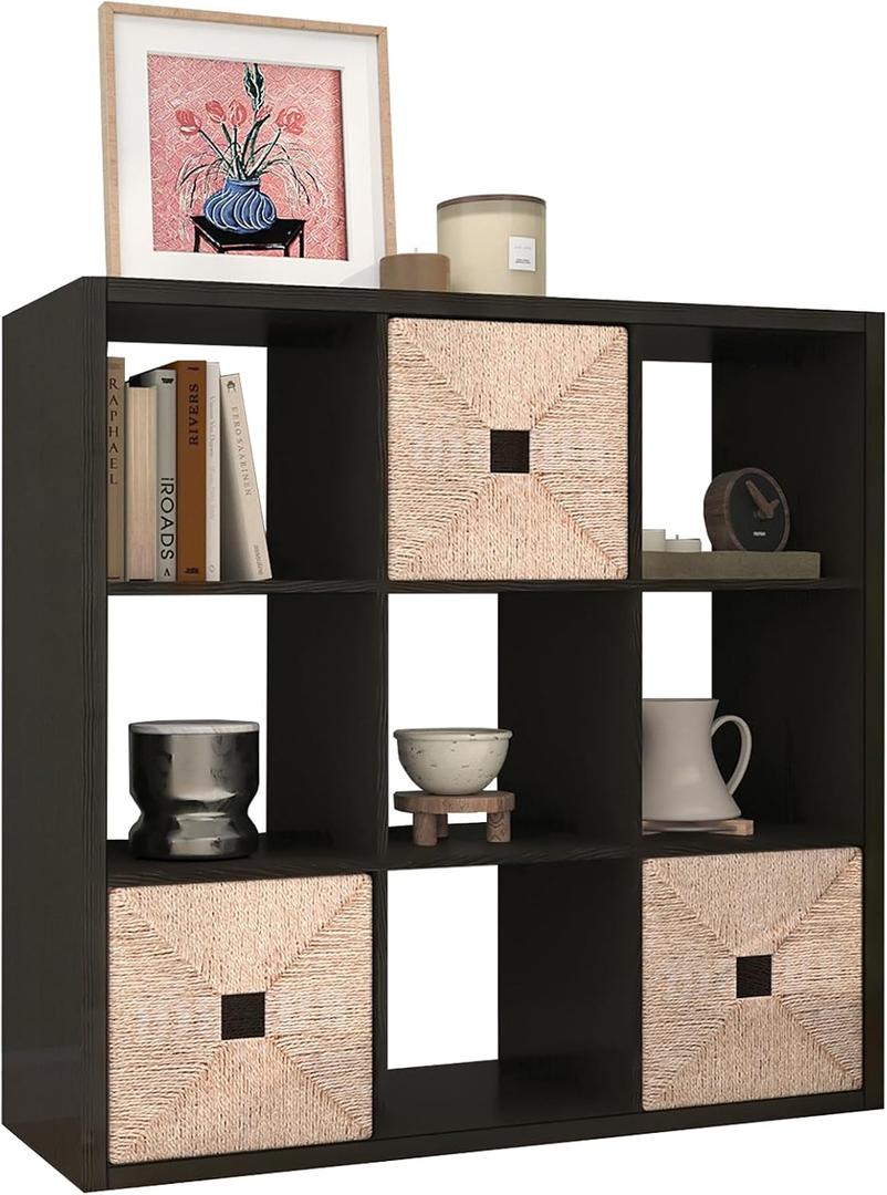 [2026 Wooden Thick Frame 9 Cube Storage Organizer Shelf with Anti-Tipping Kits + Reversible Open Back Bookcase, Horizontal and Vertical Dual-useChocolate,11inch