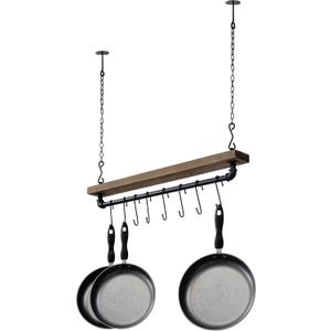 MyGift 30 Inch Ceiling or Wall Mounted Pot Rack with Rustic Brown Solid Wood Shelf and Industrial Matte Black Metal Pipe, Hanging Cookware Utensils Organizer with 8 S-Hooks