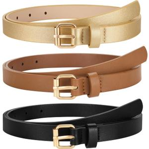 TRIWORKS 3 Pack Women Skinny Leather Belt for Jeans Pants Dress Ladies Thin Waist Belt with Gold Buckle (Beige)