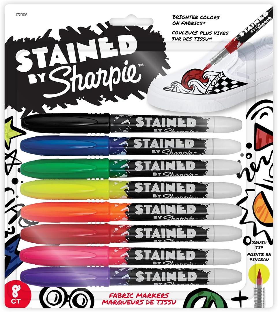 Sharpie Stained Fabric Markers, Brush Tip, Assorted Colors, 8 Count